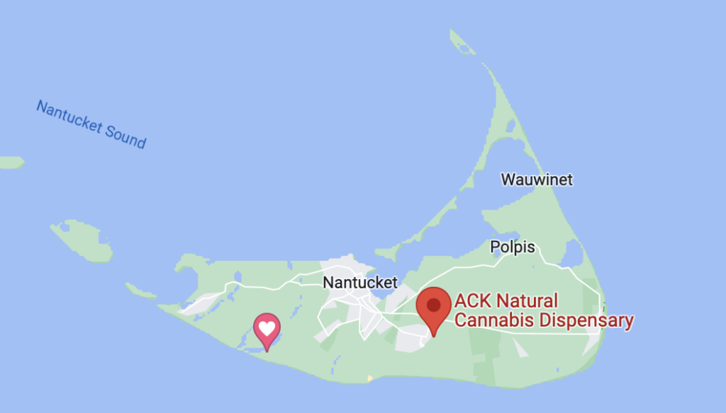 Map of Nantucket highlighting Ack Natural Pot shop