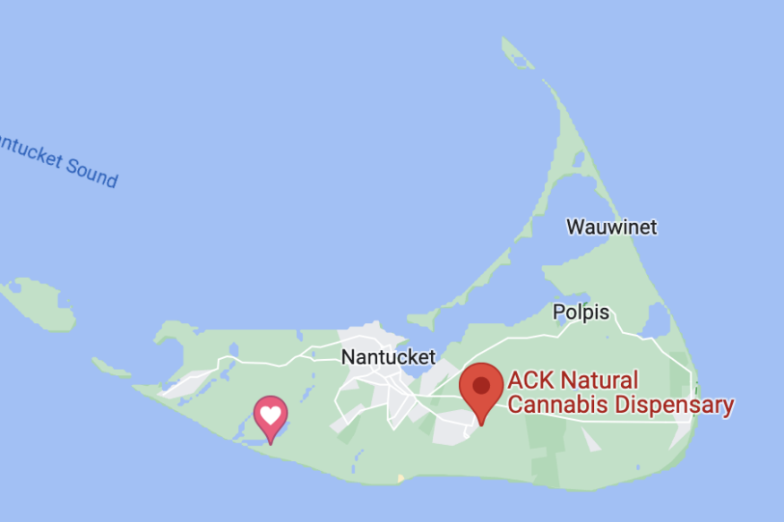 Map of Nantucket highlighting Ack Natural Pot shop